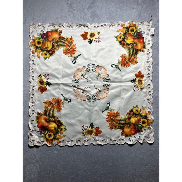 Thanksgiving Fall Harvest Embroidered Applique Tablecloth Pumpkins & Cornucopia - Picture 1 of 7